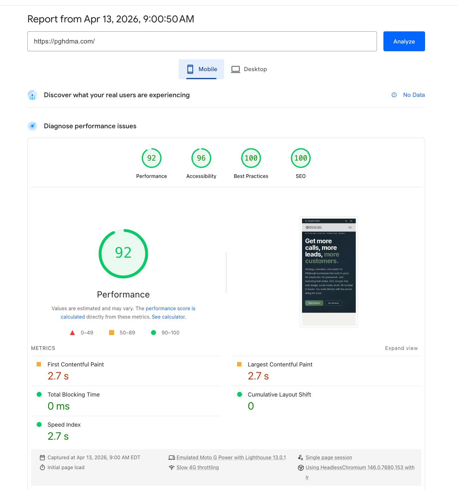 Google PageSpeed Insights report for pghdma.com showing mobile scores of 92 Performance, 96 Accessibility, 100 Best Practices, and 100 SEO